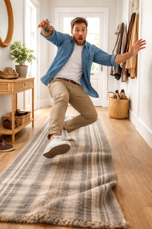 hallway runner moving man slipping on rug