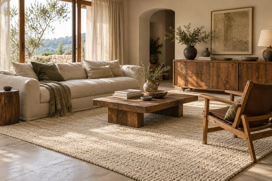 AI-generated Japandi room concept with linen seating, warm timber furniture, muted olive accents and a textured ivory rug.