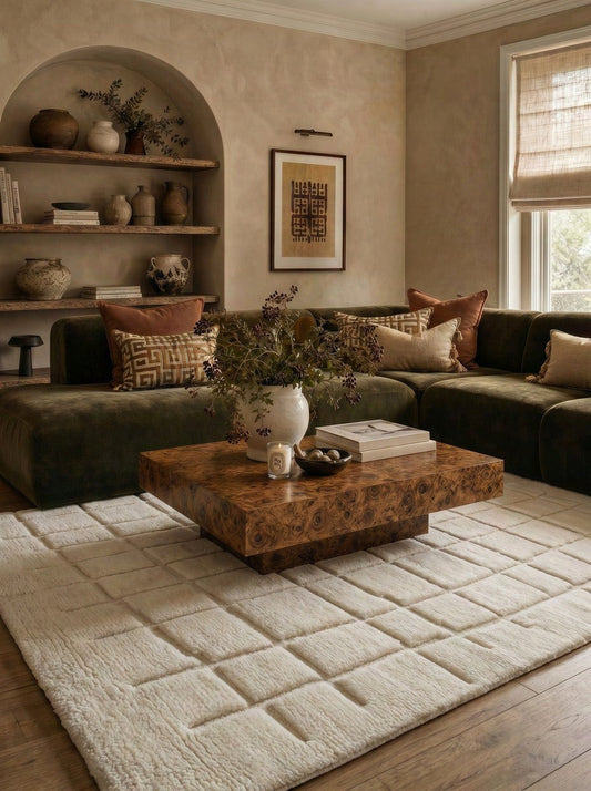Katherine Carnaby Londoner rug in a warm, layered living room