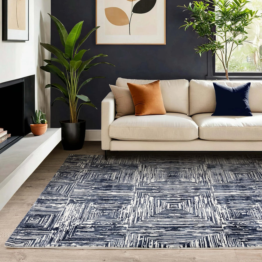 Kuza Portrait rugs - navy blue in modern living room