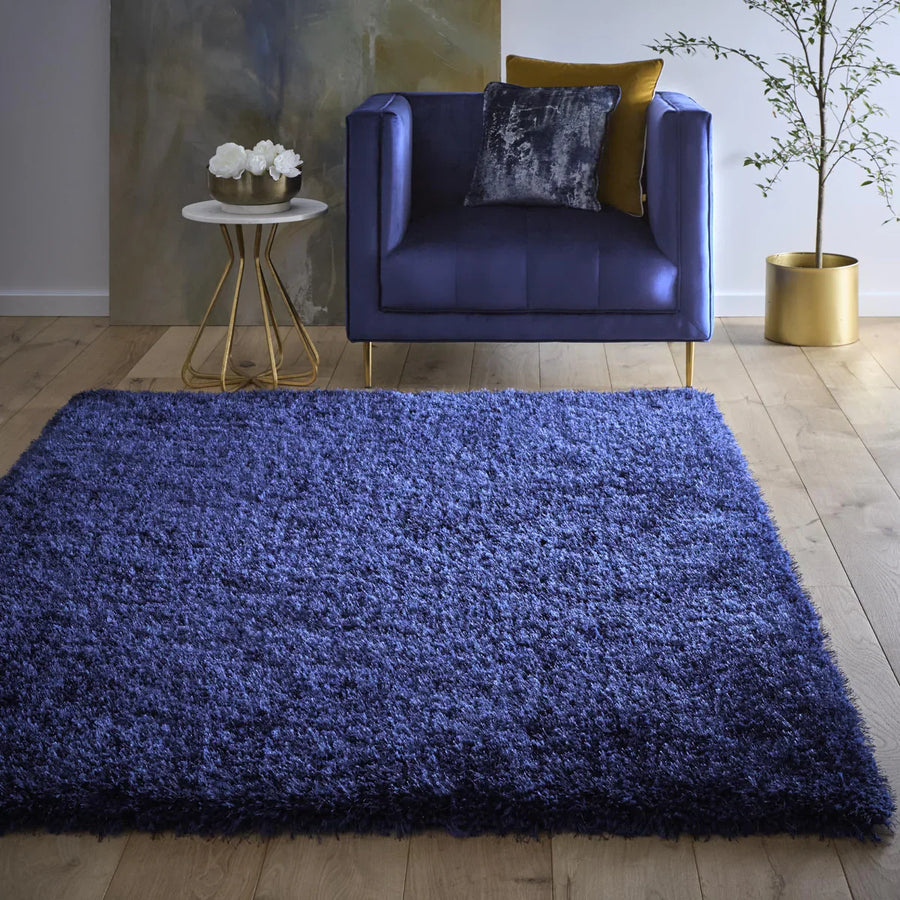 Blue shaggy rug in modern living room
