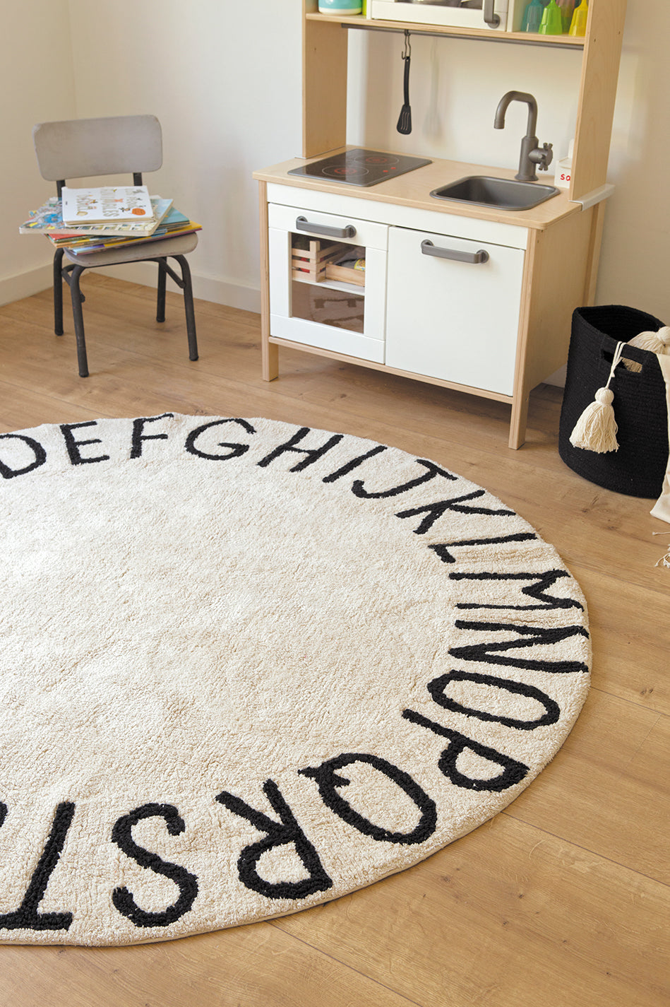 Lorena Canals Washable ABC Natural Black Round Rug