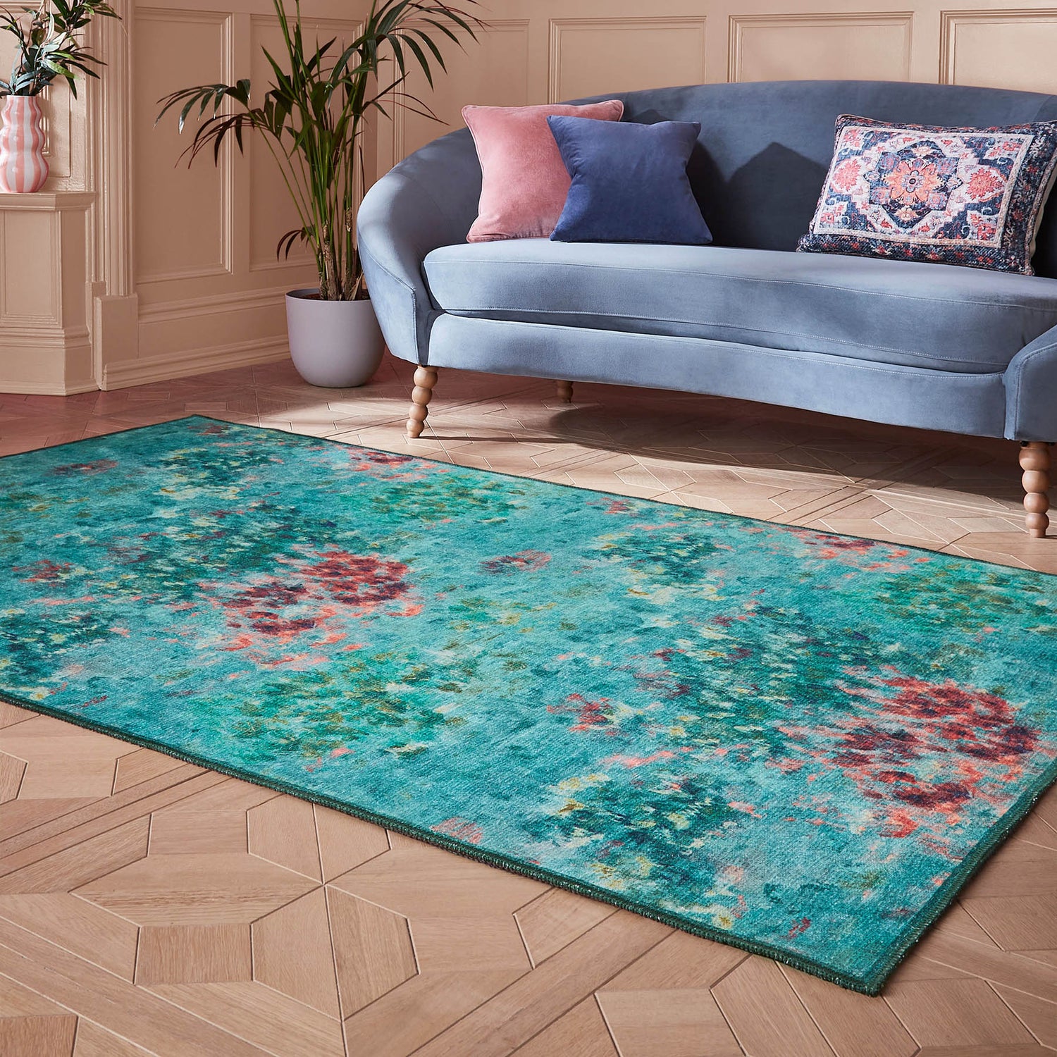Clarke & Clarke Fiore Rose Teal Washable Rug - Love-Rugs