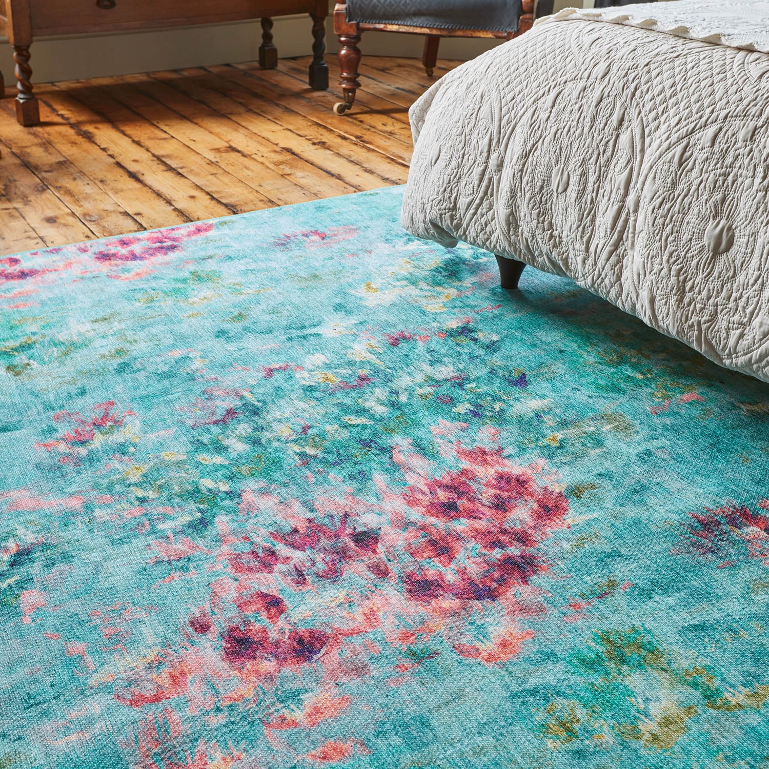 Clarke & Clarke Fiore Rose Teal Washable Rug - Love-Rugs