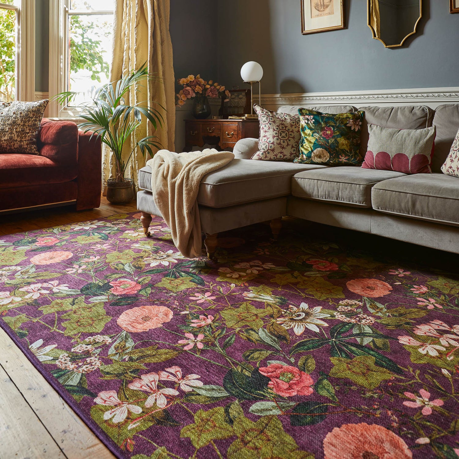 Clarke & Clarke Passiflora Mulberry Washable Rug - Love-Rugs