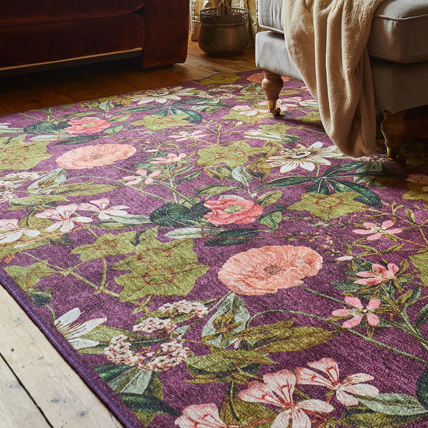 Clarke & Clarke Passiflora Mulberry Washable Rug - Love-Rugs