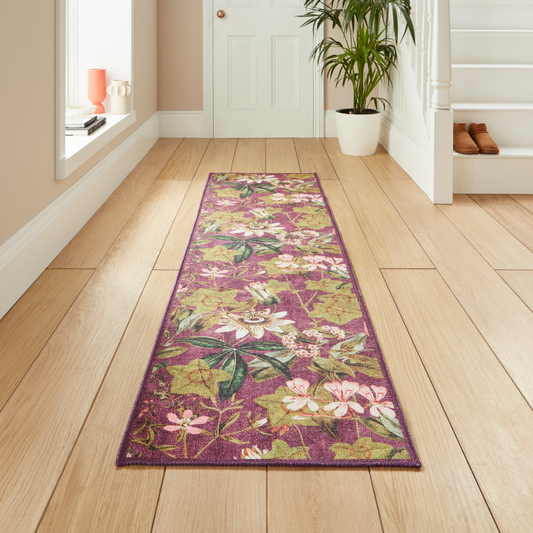 Clarke & Clarke Passiflora Mulberry Washable Runner Rug - Love-Rugs