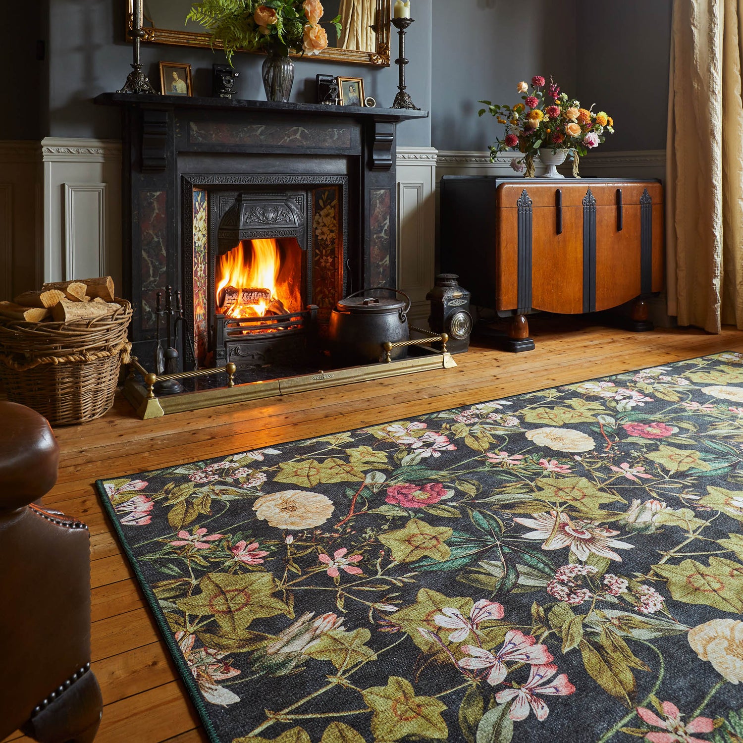 Clarke & Clarke Passiflora Noir Washable Rug - Love-Rugs