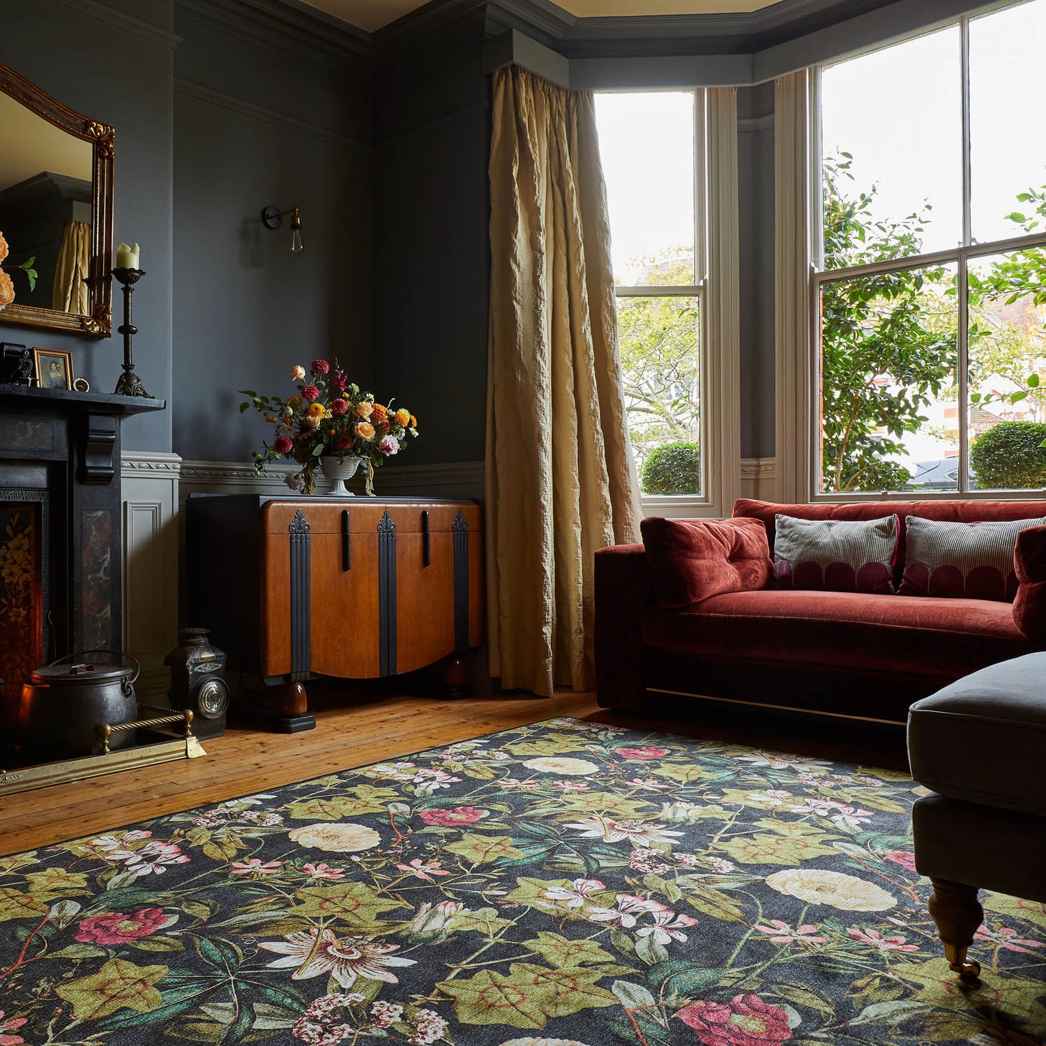 Clarke & Clarke Passiflora Noir Washable Rug - Love-Rugs