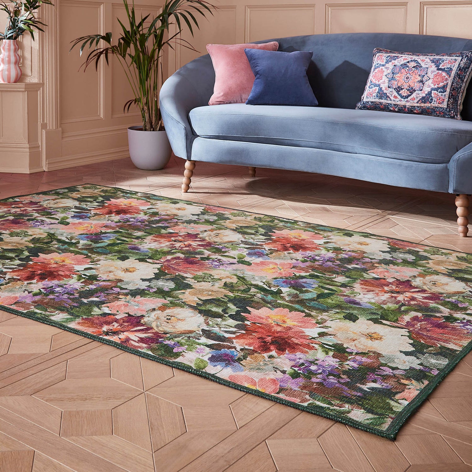 Clarke & Clarke Tahiti Forest & Rouge Washable Rug - Love-Rugs