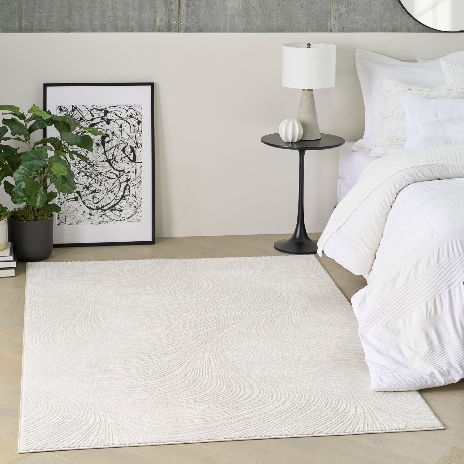 DKNY Central Park West Ivory Rug in a neutral bedroom setting