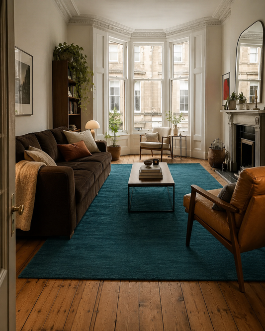 A large Eglin teal blue-green area rug in a styled Glasgow tenement flat living room with a dark brown sofa, wooden coffee table, and warm brown wood floors.