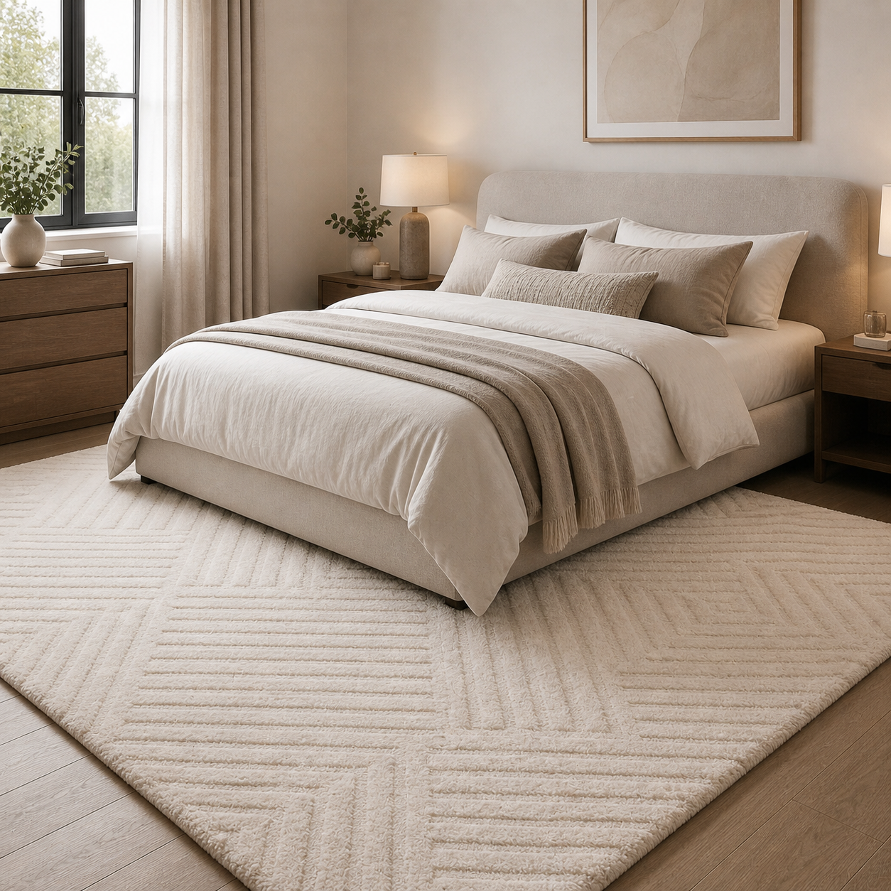 Hague Ivory rug styled in a neutral bedroom