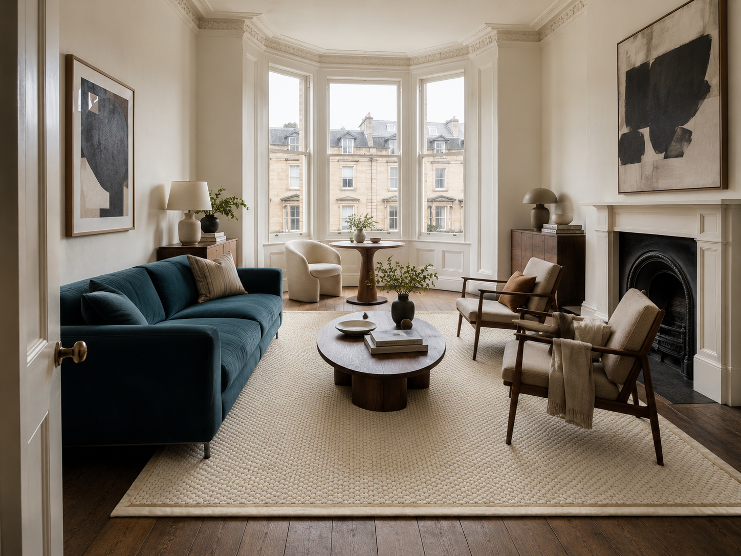 Korra Double Loop Cream Linen Rug in Glasgow Flat with Teal Sofa.