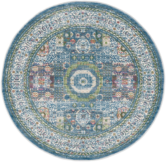 Nourison Ankara Global ANR17 Ivory Light Blue Round Rug - Love-Rugs