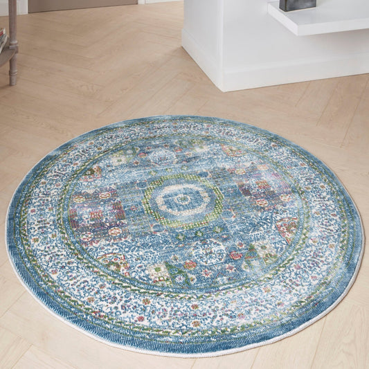 Nourison Ankara Global ANR17 Ivory Light Blue Round Rug - Love-Rugs alternate image